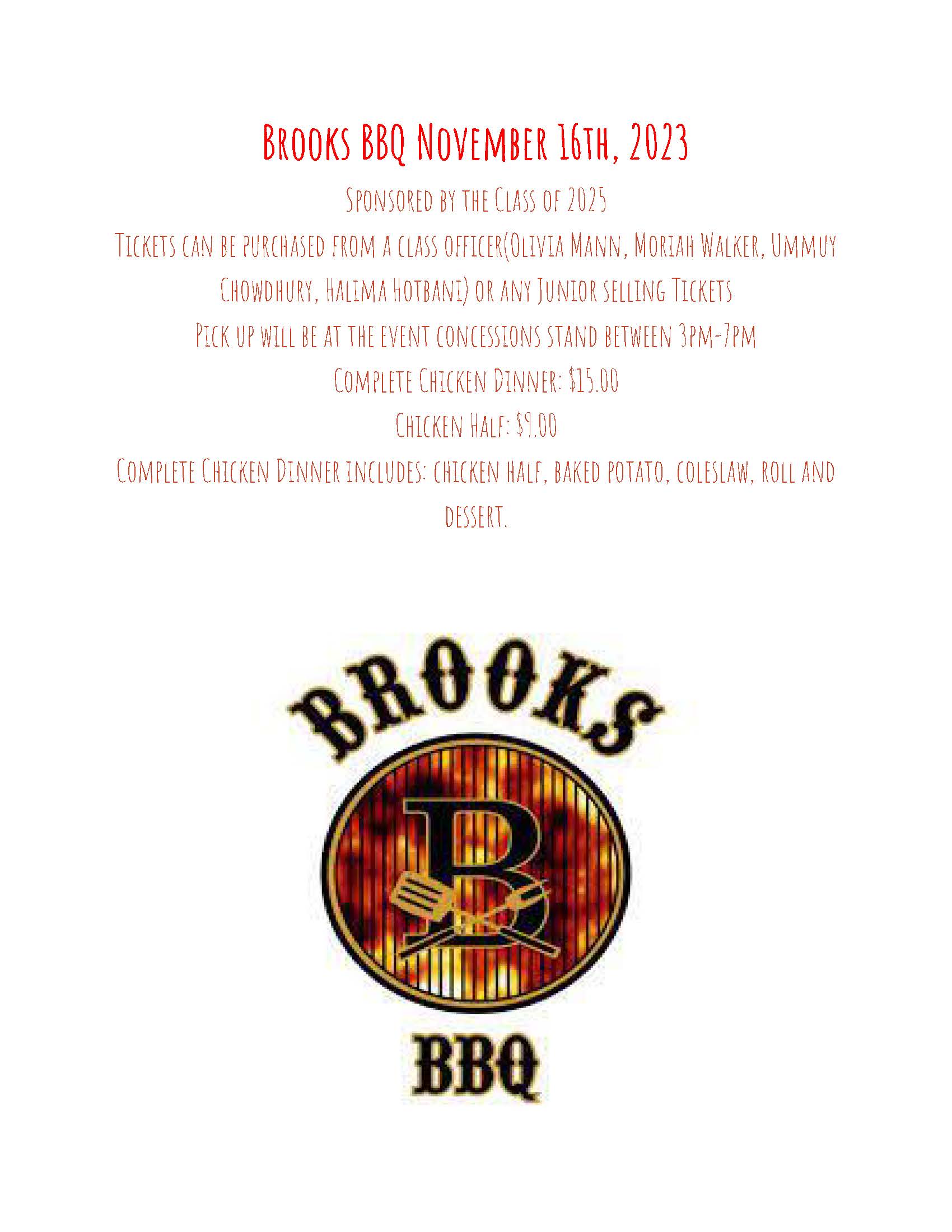 Brooks BBQ Fundraiser for Class of 2025 11/16 Hudson City School District