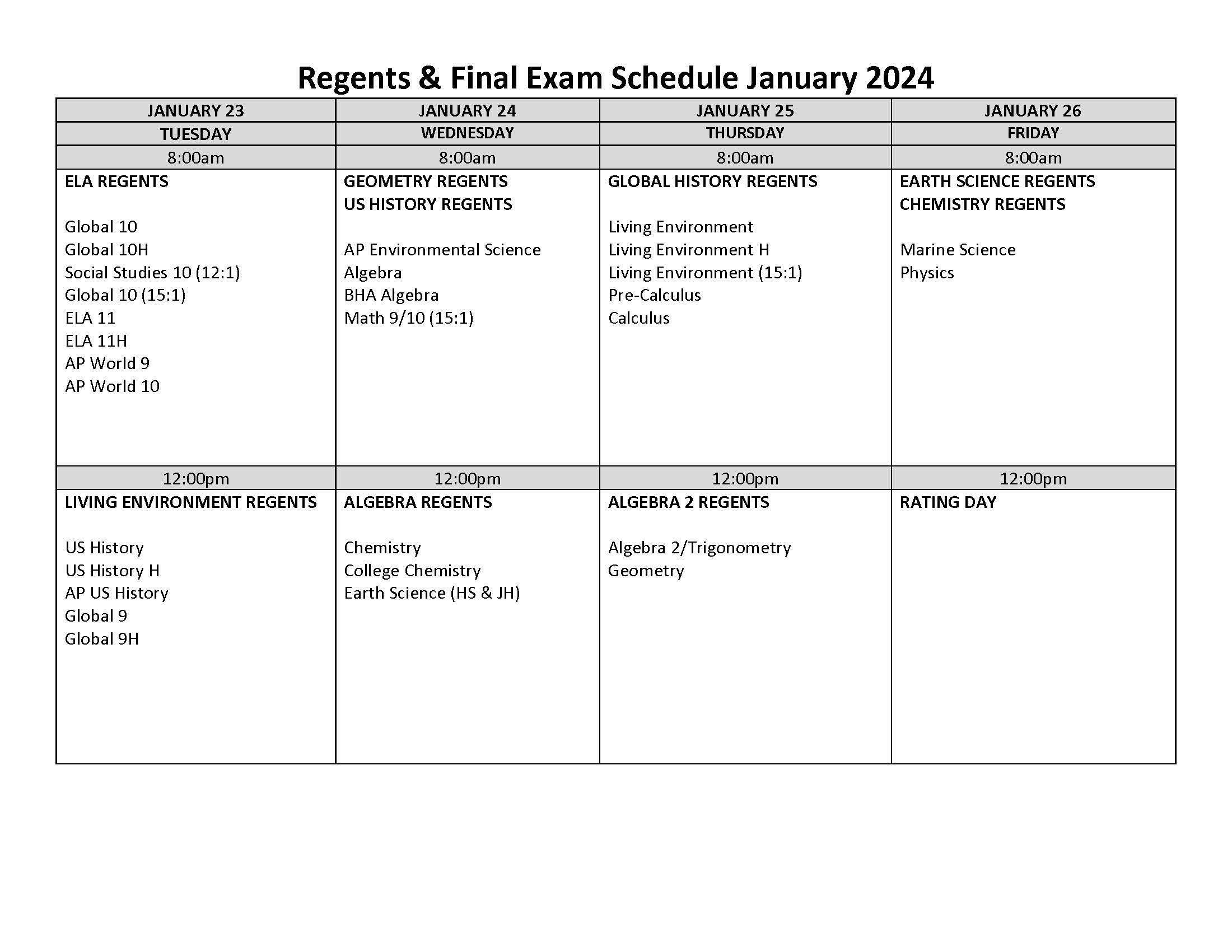 202324 Hudson SHS Midterm Regents Exam Schedule Hudson City School